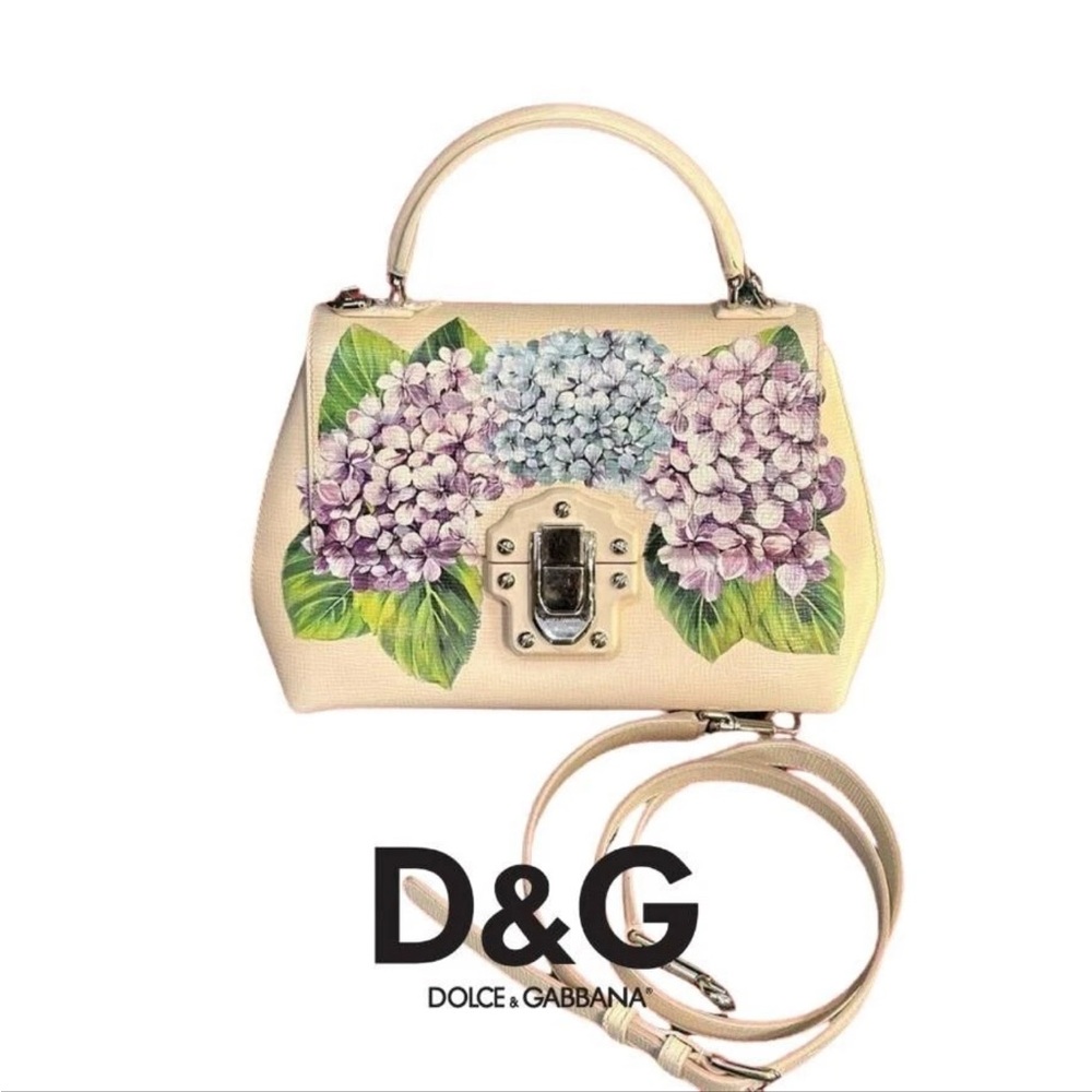 Dolce & Gabbana Lucia Hydrangea-print Leather top handle bag in cream
